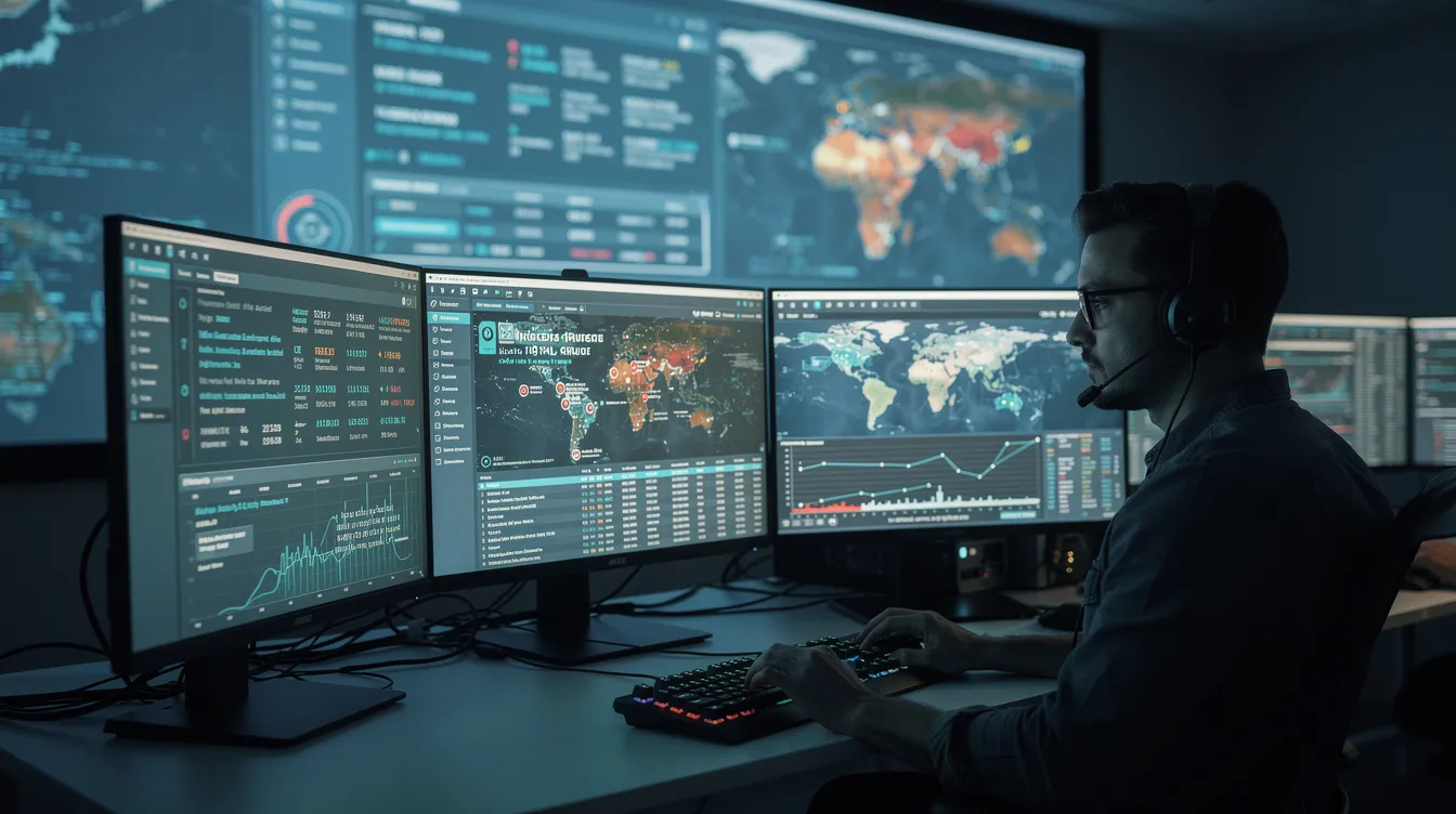 A security operations analyst is intently monitoring multiple screens displaying various information security metrics and alerts, ensuring the organization's compliance with ISO 27001 standards. The setup emphasizes the importance of managing cyber risks and maintaining robust security controls to protect sensitive data.