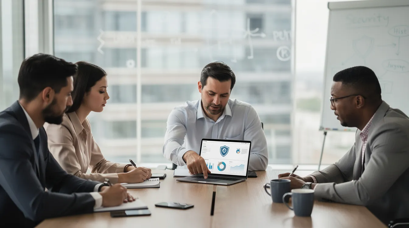 A cyber security consultant is discussing information security management systems with a small business team in an office setting, reviewing a laptop. The focus is on managing cyber risks and ensuring compliance with ISO 27001 certification standards.